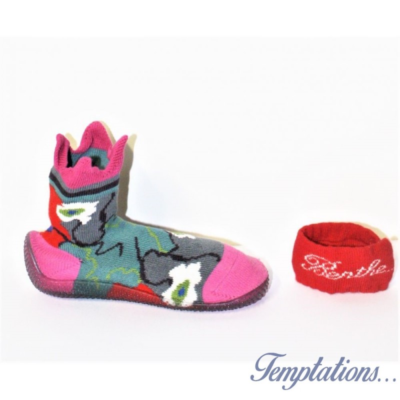 Berth shoes chaussons à fleurs rose et turquoise - Berthe Aux Grands Pieds
