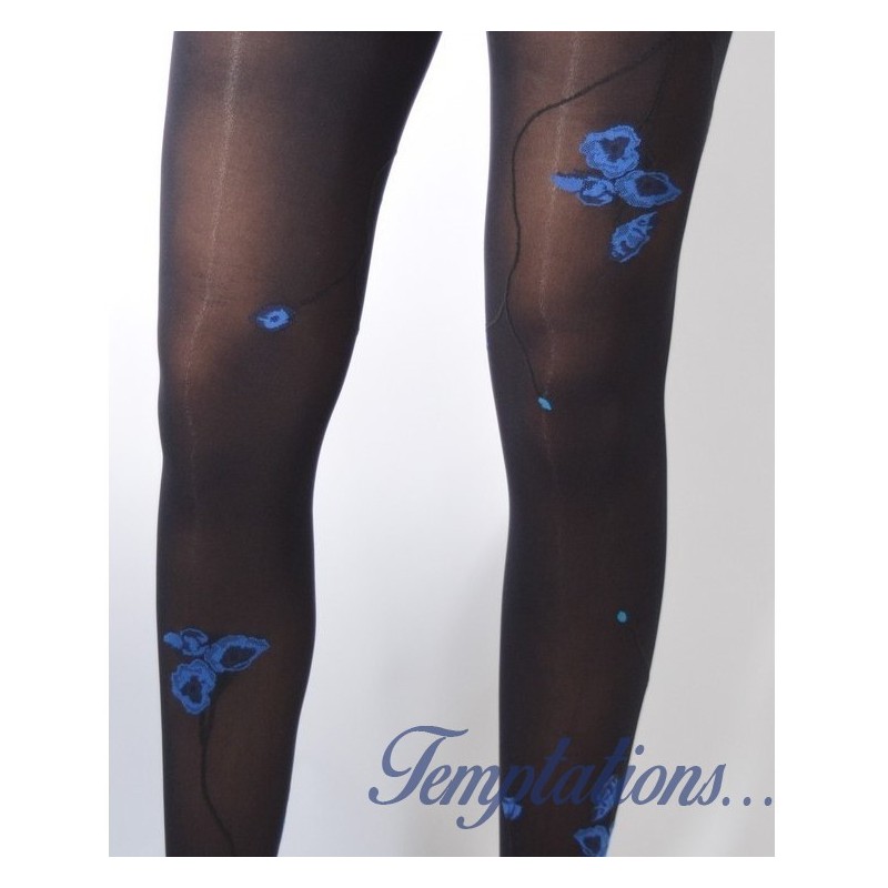 Collants femme noirs fleurs vertes et bleues - Berthe Aux Grands Pieds