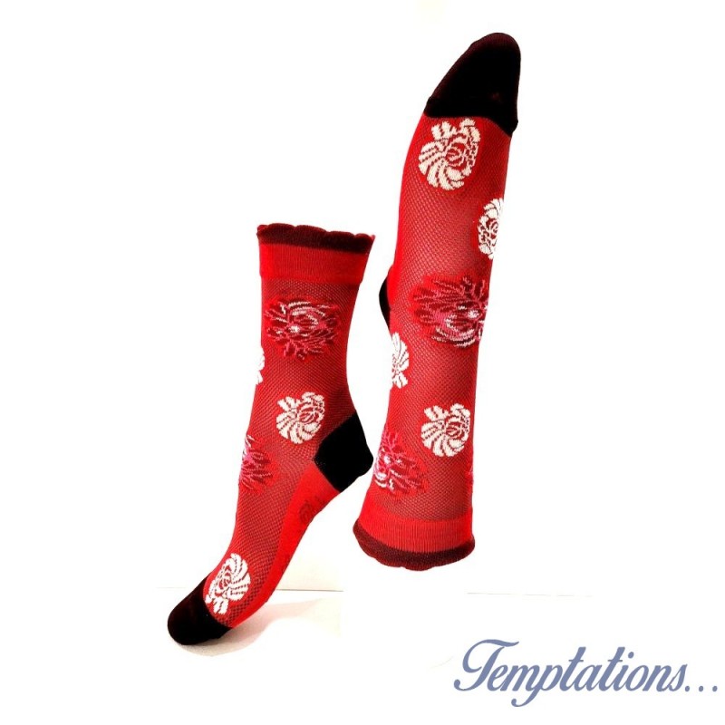 Chaussettes femme Rouge à fleurs blanches- Berthe aux Grands pieds