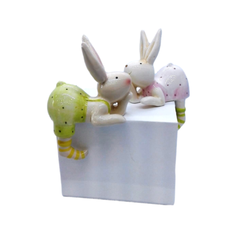 Lot De 2 Coquetiers En Céramique En Forme De Lapin Multicolore - Hauteur 9cm - Décoration De Table