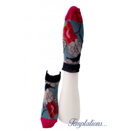 Socquettes femme turquoise et grise motif fleurs -Berthe aux grands pieds