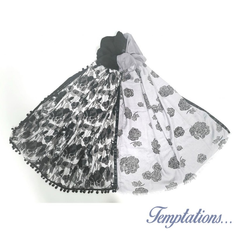 Foulard noir et blanc motif feuillage By Saida