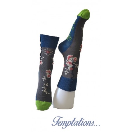 Chaussettes grises et turquoise motifs floraux - Berthe Aux Grand Pieds-BAG5F.2