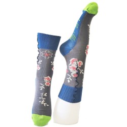 Chaussettes grises et turquoise motifs floraux - Berthe Aux Grand Pieds-BAG5F.2