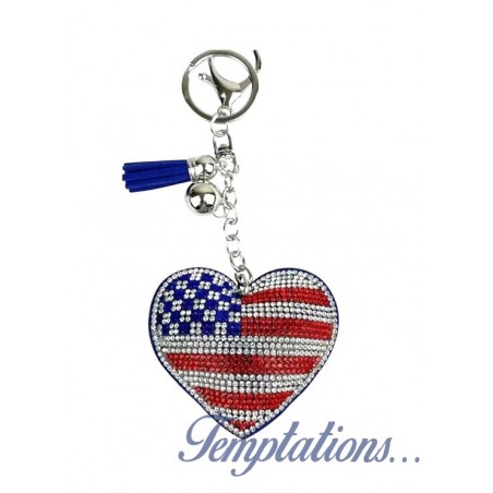 Porte-clefs cœur strass drapeau américain