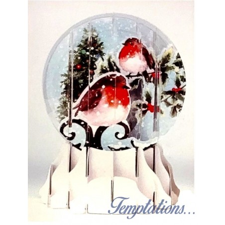 Carte de Noël Boule à neige 3D - Rouge-gorges
